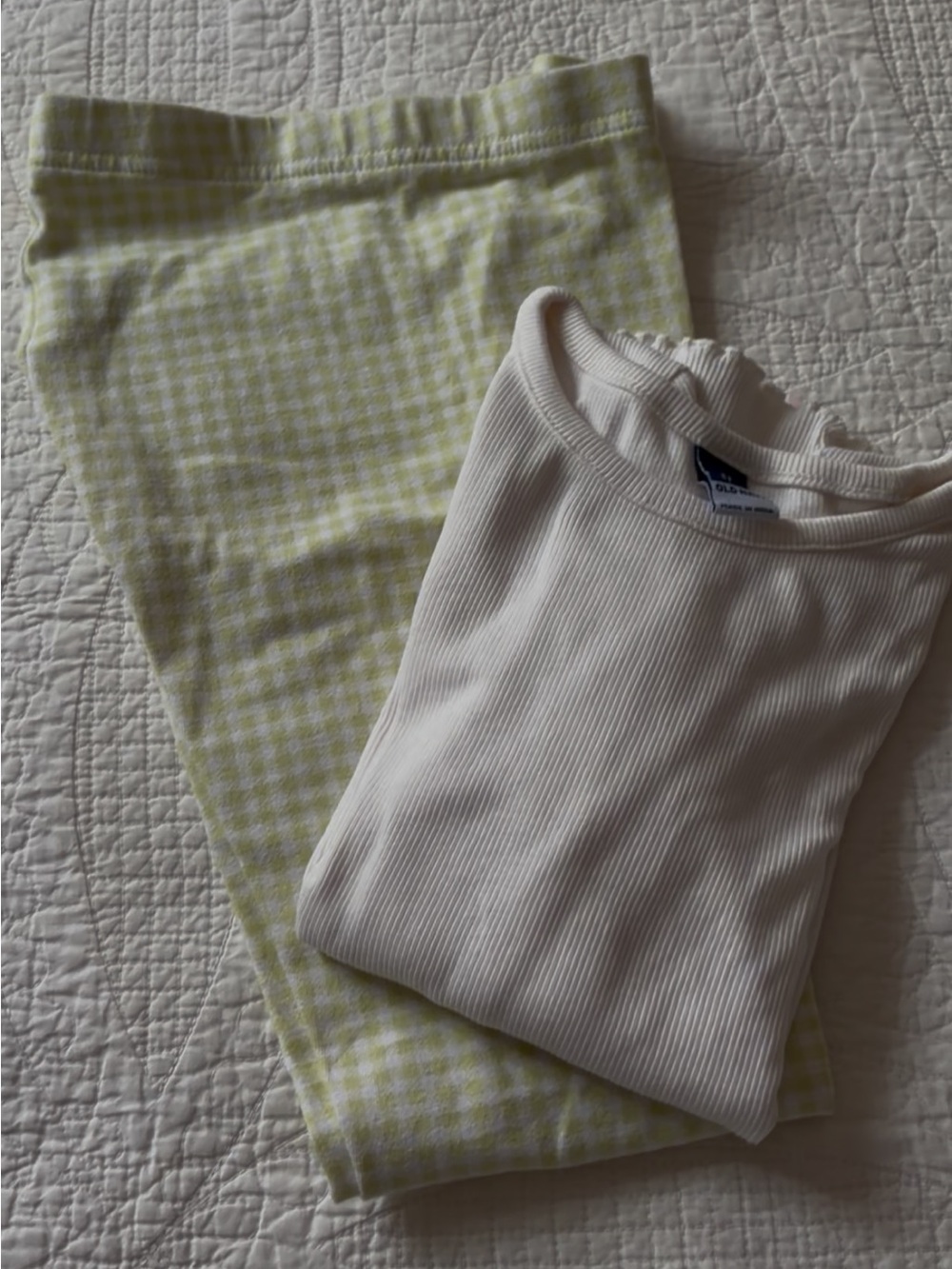 Old Navy Cream Ribbed Top with Light Green Gingham Bottoms Kids Matching Set
